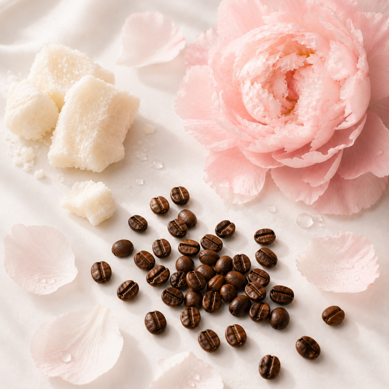 Ein zartes Arrangement aus rosa Pfingstrosenblüten, Zuckerwürfeln und Kaffeebohnen auf weißem Seidenstoff.