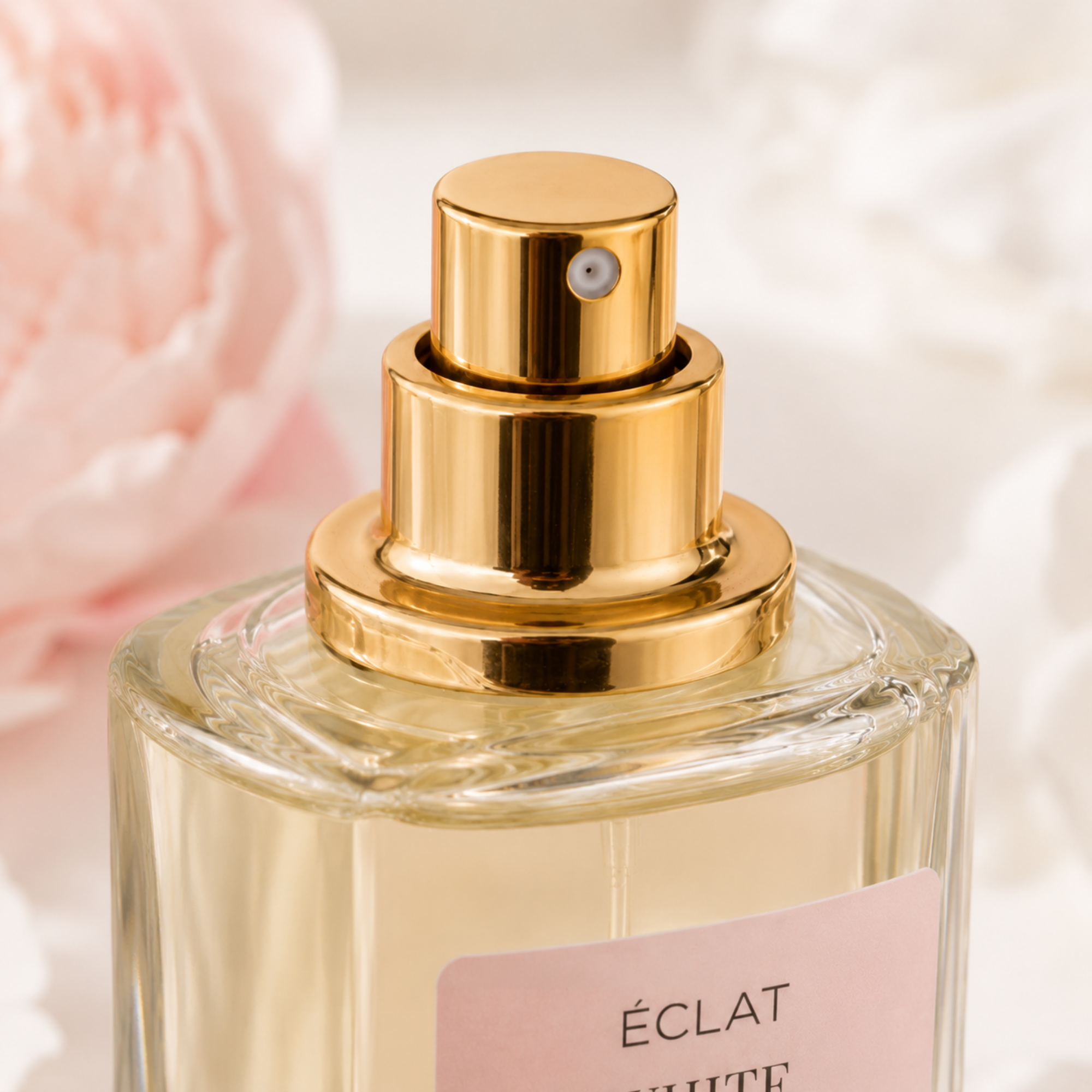 Ein facettierter Glasflakon von ÉCLAT White Powdery Flowers mit einem goldfarbenen Sprühkopf und einem rosa Etikett, umgeben von sanften Blumendetails.