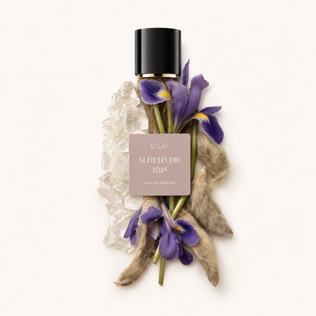 Ein Arrangement aus violetten Irisblüten, weich texturierten Elementen und transparenten Kristallen umgeben die originale schwarze Kappe mit einem ÉCLAT Aldehydic Iris Etikett.