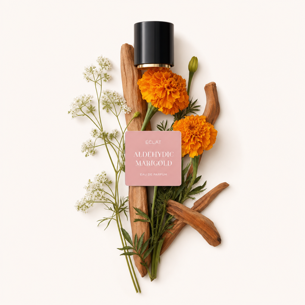 Ein Arrangement aus Ringelblumen, weißen Blüten und Holzstäben, kombiniert mit einer schwarzen Kappe mit der Aufschrift ÉCLAT Aldehydic Marigold.