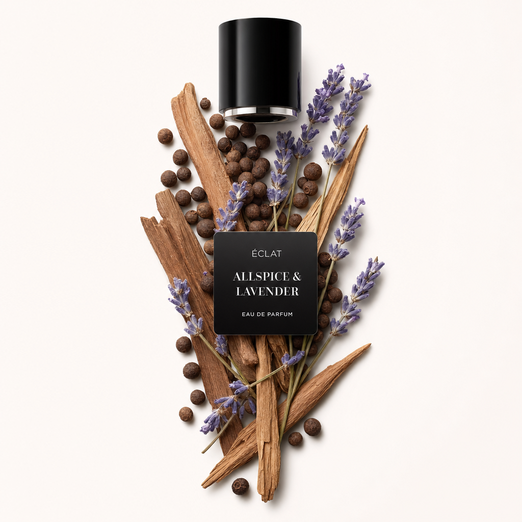 Ein Arrangement aus Pimentkörnern, Zimtstangen und Lavendelzweigen umgibt eine schwarze Kappe mit Etikett ÉCLAT Allspice & Lavender.
