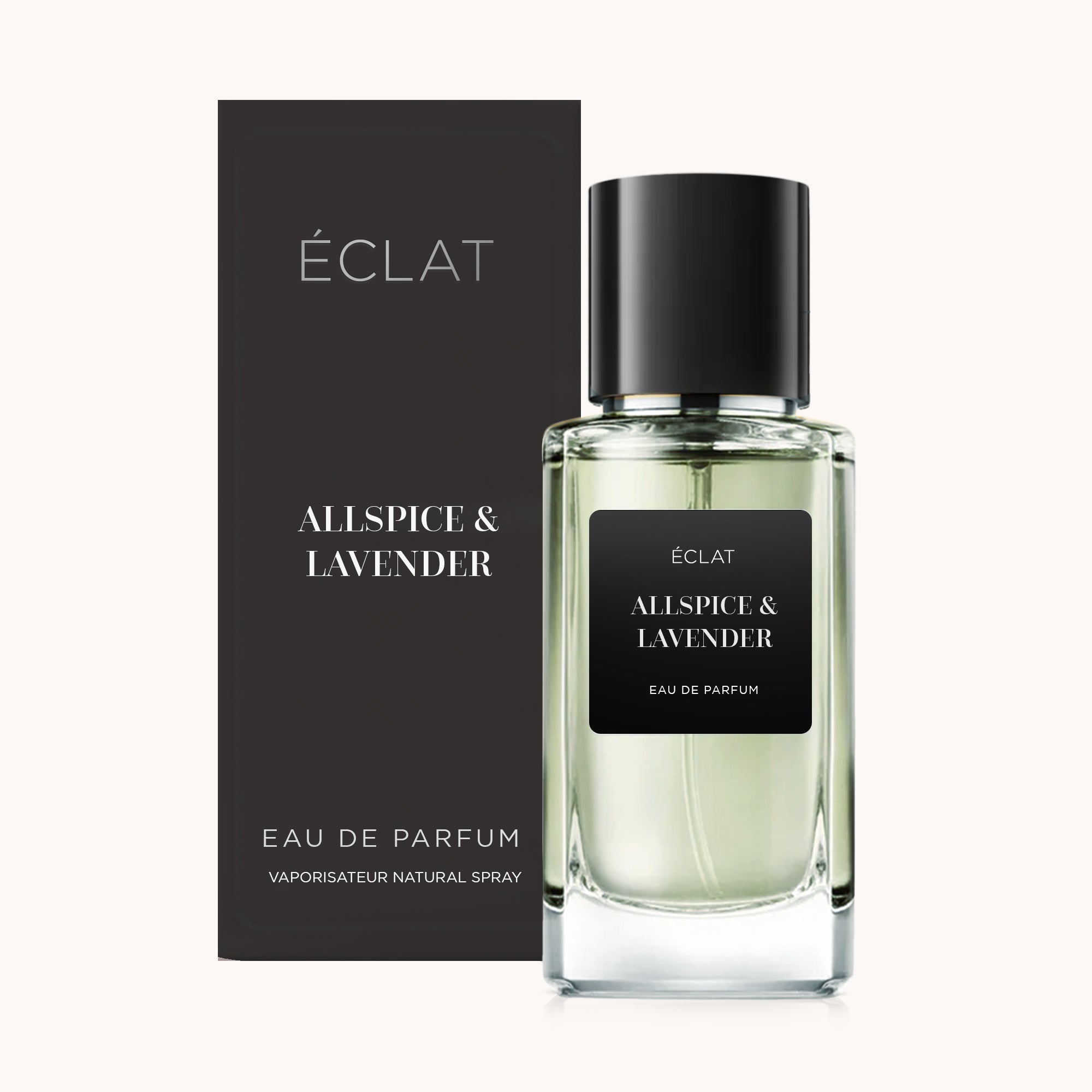 Ein facettierter Glasflakon von ÉCLAT Allspice & Lavender mit schwarzem Verschluss neben einer eleganten schwarzen Box.