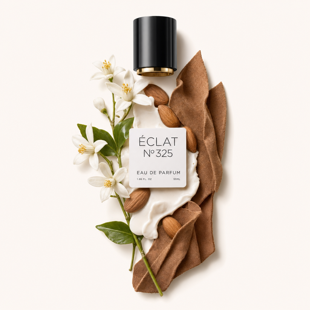 Ein Arrangement aus blühenden weißen Blüten, Mandeln und cremiger Textur mit einem weichen braunen Stoff, neben einer schwarzen Kappe mit Etikett für ÉCLAT Almond Milk & Cashmere.