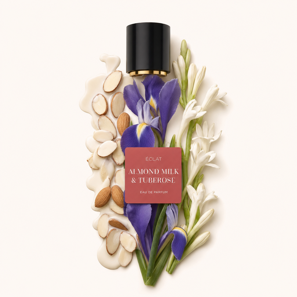 Ein Arrangement aus geschnittenen Mandeln, ganzen Mandeln, Schwertlilien und Tuberosen umgibt eine schwarze Kappe mit Goldakzent und ÉCLAT Almond Milk & Tuberose Etikett.