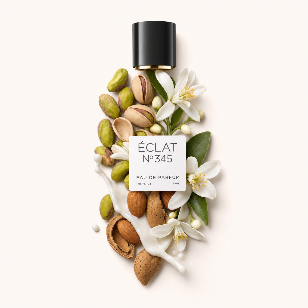 Ein Arrangement aus Mandeln, Pistazien und weißen Blüten, mit einer schwarzen Kappe und einem Etikett von ÉCLAT Almond & Pistachio.