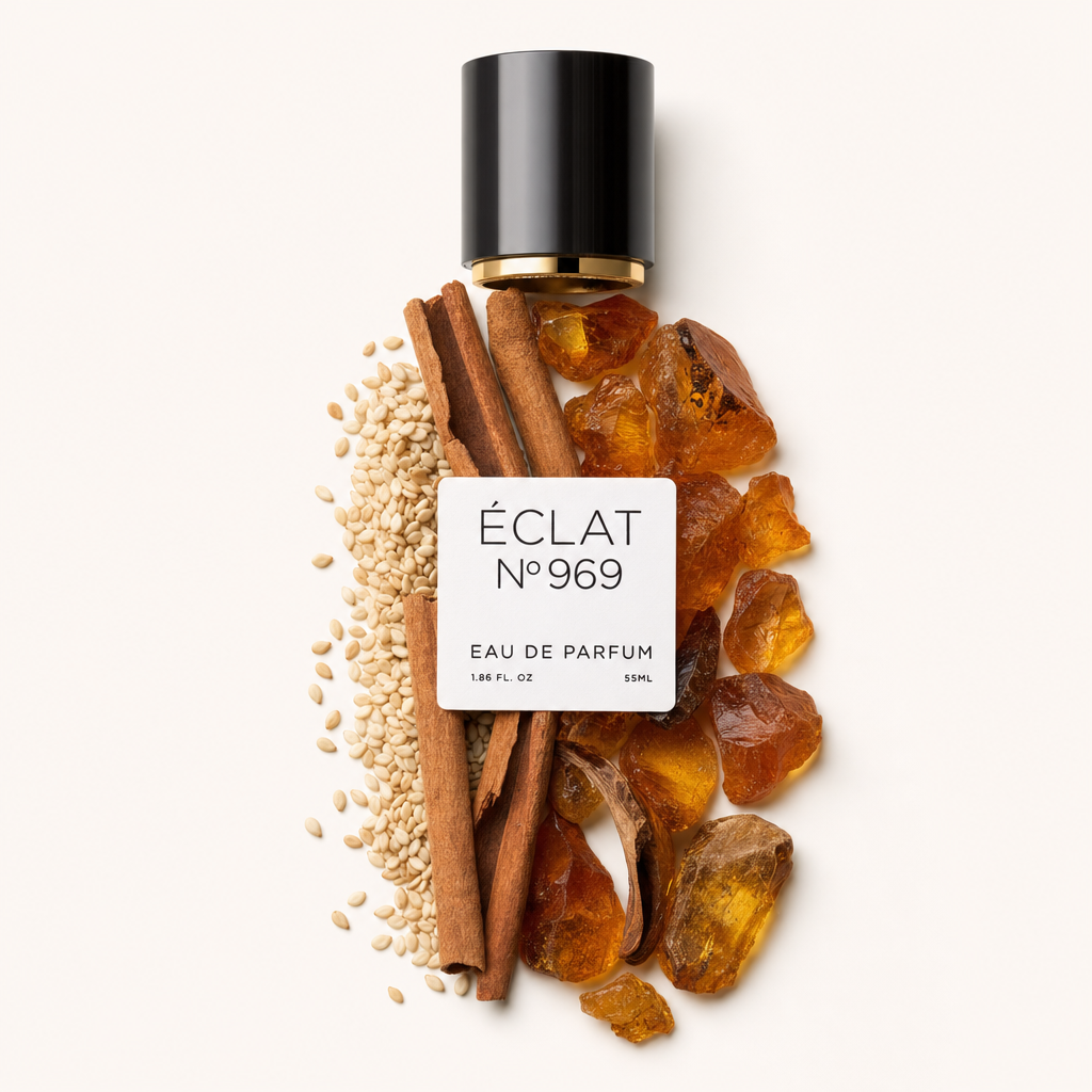 Ein Arrangement aus Zimtstangen, Bernsteinharzstücken und Sesamsamen umgibt eine schwarze Kappe mit Etikett für ÉCLAT Amber & Cinnamon Honey.