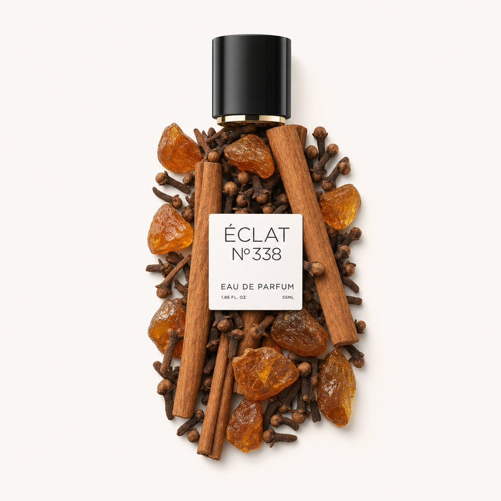 Ein Arrangement aus Nelken, Ambersteinen und Zimtstangen formt sich um die schwarze Kappe mit dem ÉCLAT Amber & Spices Etikett.