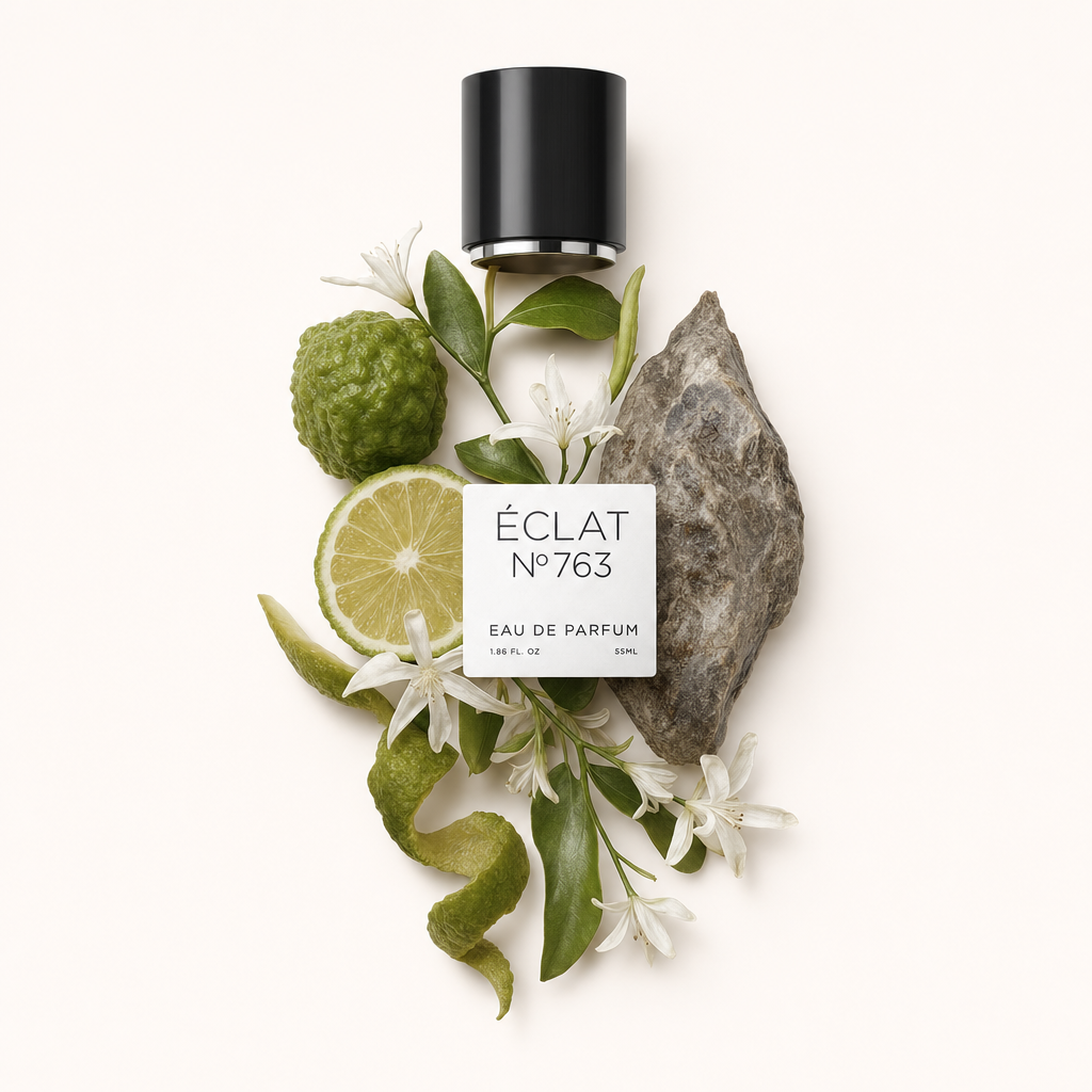 Ein Arrangement aus Bergamotte, Limettenscheiben, grünen Blättern und kleinen weißen Blüten umgibt eine schwarze Kappe mit ÉCLAT Ambergris & Bergamot Etikett.