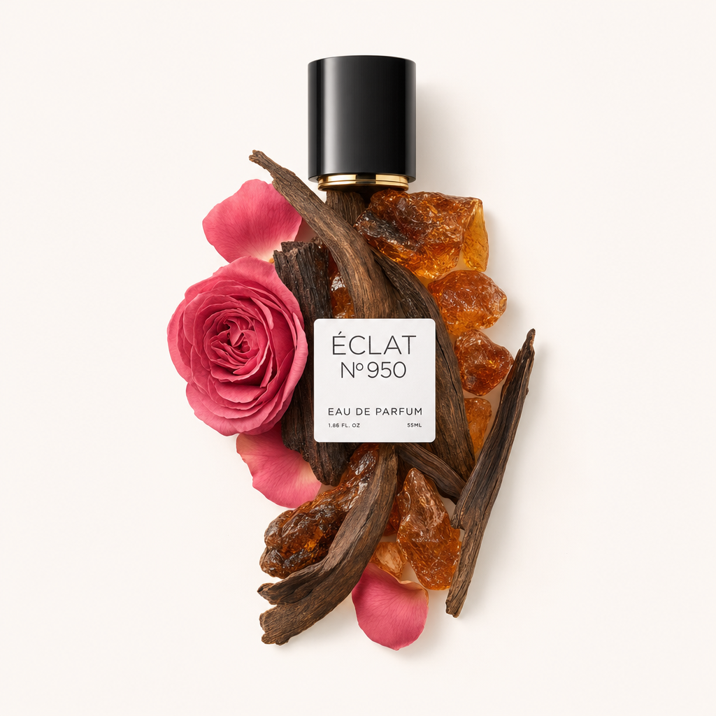 Ein Arrangement aus Bernsteinharz, Oud-Holz und einer rosa Rose mit Blütenblättern umgibt eine schwarze Kappe mit ÉCLAT Ambergris & Oud Etikett.