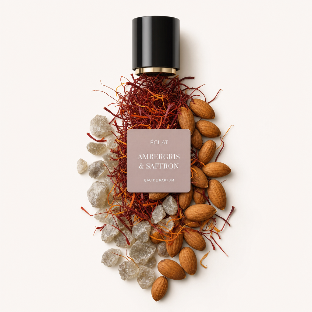 Ein kunstvolles Arrangement aus Safranfäden, Ambersteinen und Mandeln, das eine schwarze Kappe mit dem Etikett ÉCLAT Ambergris & Saffron umgibt.
