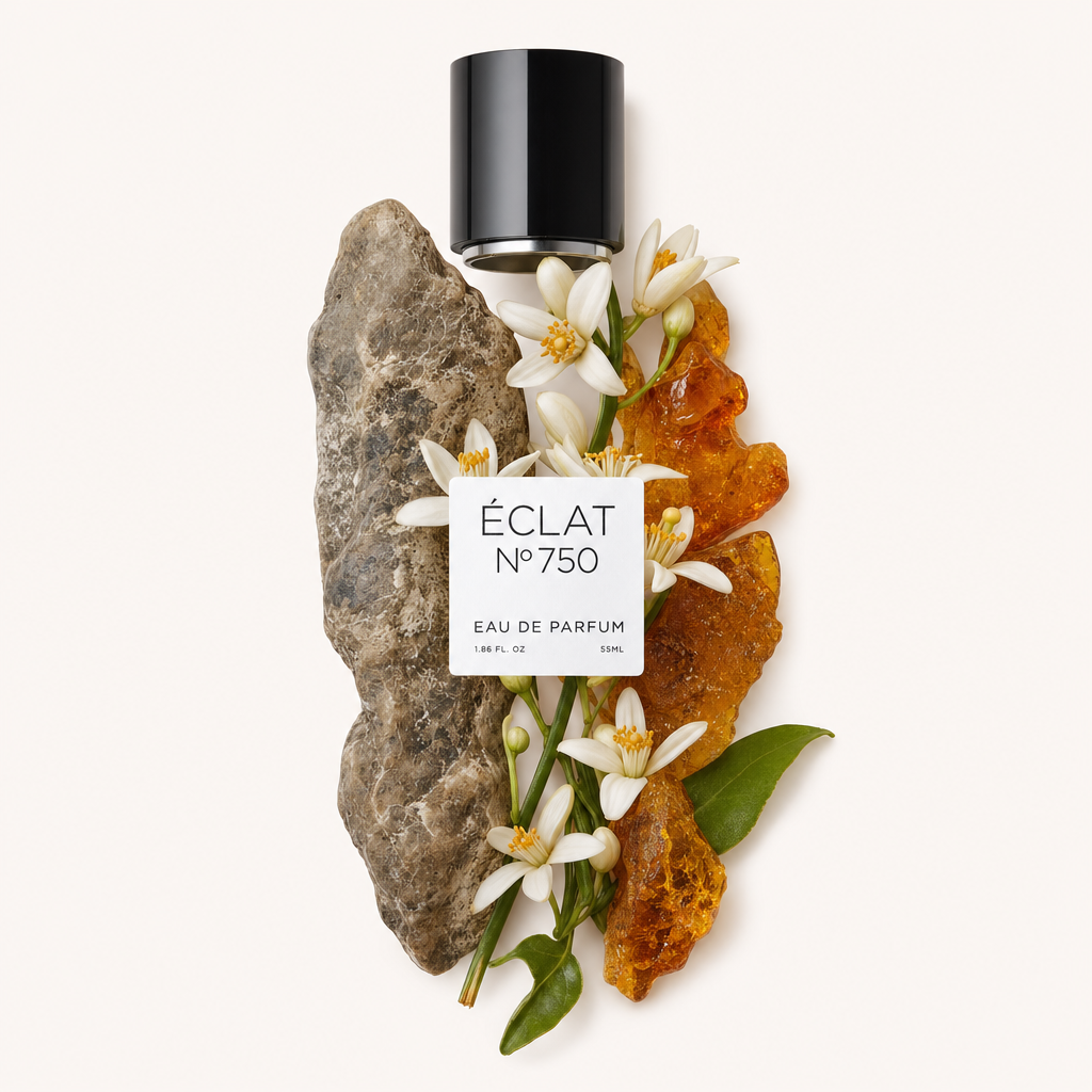 Ein Arrangement aus Bernstein, weißen Blüten und einem strukturierten Stein, ergänzt durch eine schwarze Kappe mit dem ÉCLAT Ambergris & Whiskey Etikett.