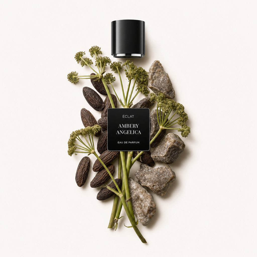 Ein Arrangement aus Angelika-Stängeln, Tonkabohnen und Steinen umgibt eine schwarze Kappe mit dem Etikett ÉCLAT Ambery Angelica.