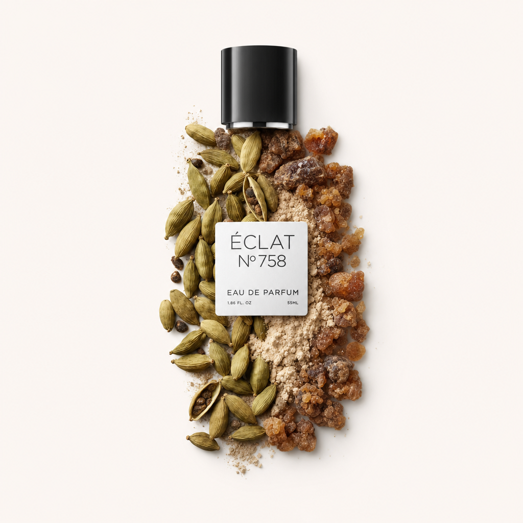 Ein Arrangement aus Kardamomkapseln und Amberharzen umgibt die originale schwarze Kappe mit dem ÉCLAT Ambery Cardamom Etikett.