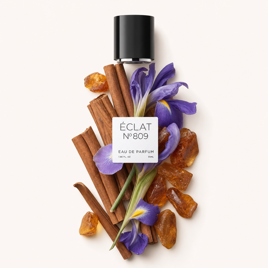 Ein Arrangement aus Zimtstangen, Bernsteinstücken und violetten Schwertlilien, umgeben von einer schwarzen Verschlusskappe mit Etikett für ÉCLAT Ambery Cinnamon.