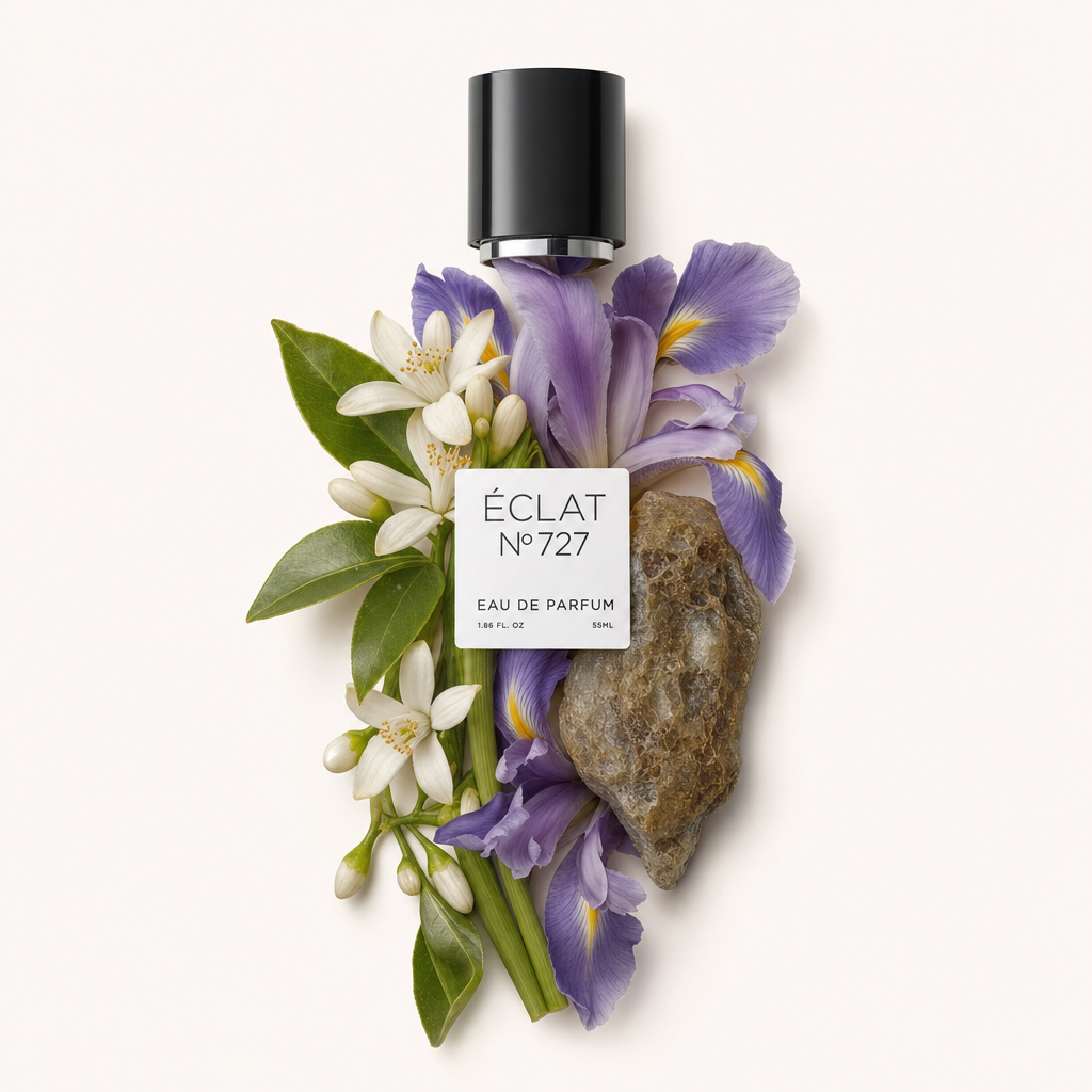 Ein Arrangement aus Irisblüten, Orangenblüten, grünen Blättern und einem Stein ergänzt die schwarze Kappe mit dem Etikett von ÉCLAT Ambery Iris.
