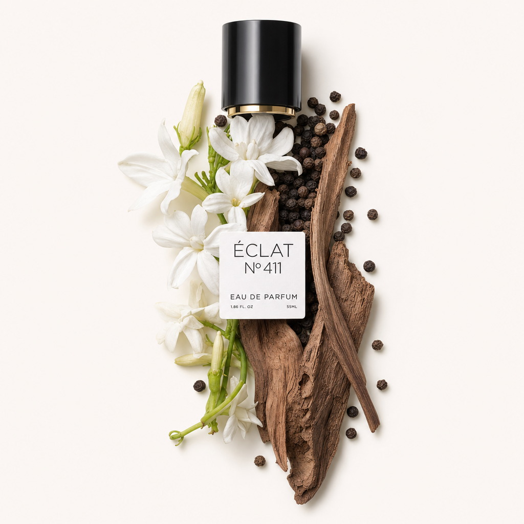 Ein kunstvolles Arrangement aus Jasminblüten, Pfefferkörnern und Holzelementen neben einer schwarzen Kappe mit Etikett für ÉCLAT VIP Ambery Jasmine.