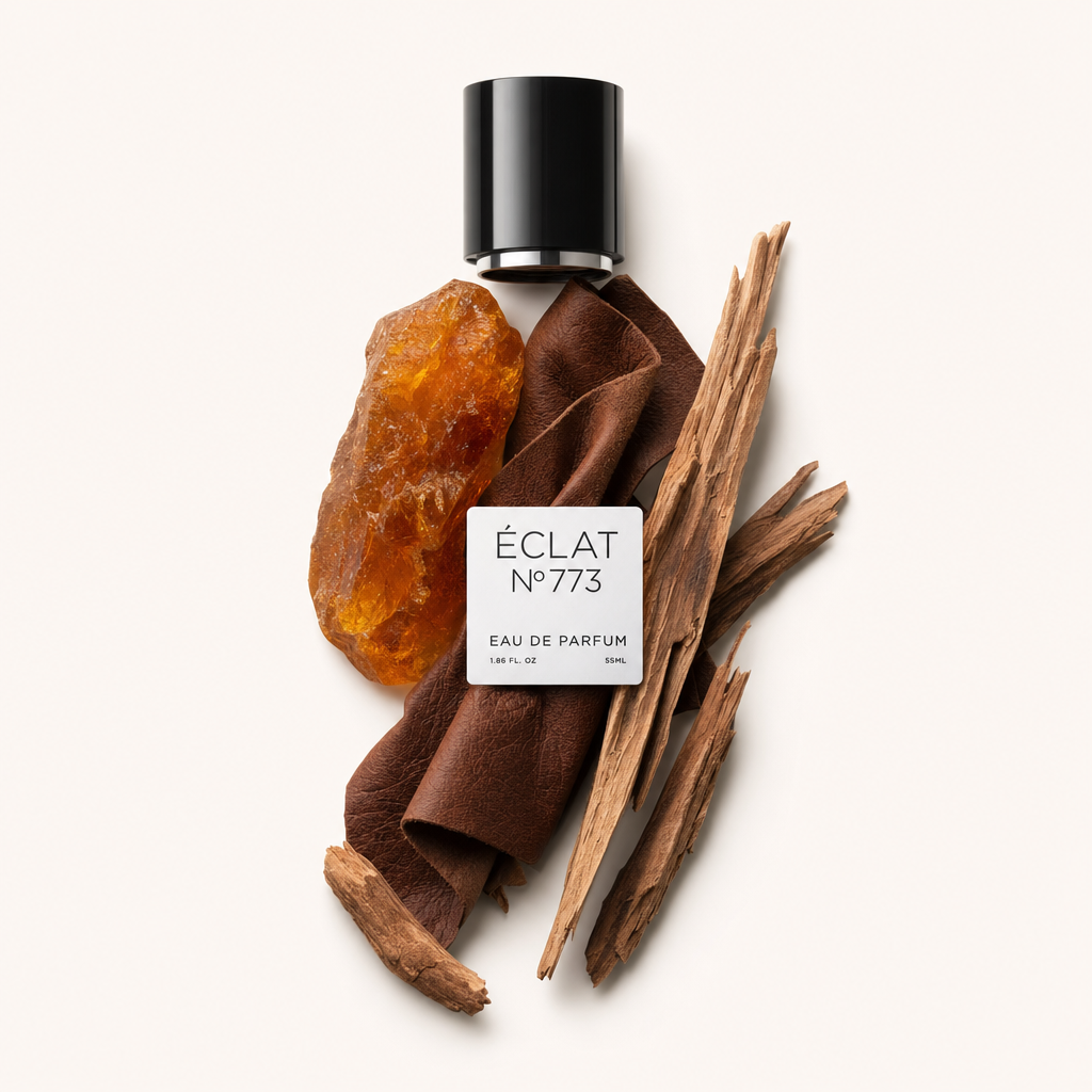 Ein Arrangement aus Bernsteinharz, reichhaltigem braunen Leder und Holzstöcken, darüber die Verschlusskappe und das Etikett von ÉCLAT Ambery Leather.