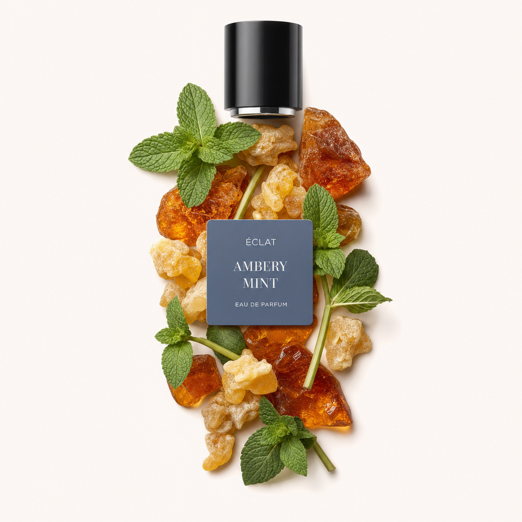 Ein Arrangement aus Minzblättern und Bernsteinharz umgibt die originale schwarze Kappe mit Etikett für ÉCLAT Ambery Mint.