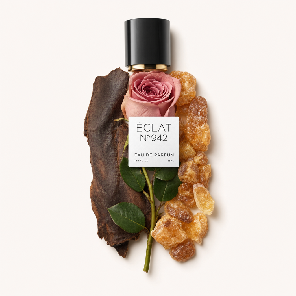 Ein sorgfältig arrangiertes Stillleben aus rohen Duftzutaten mit einer schwarzen Kappe oben, darunter eine rosa Rose, Bernsteinharz und dunkles Holz.