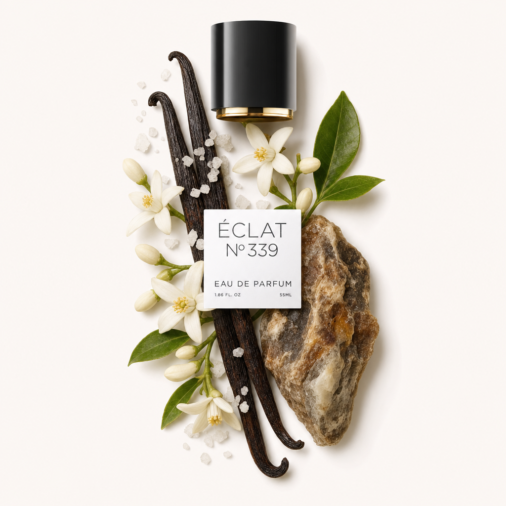 Ein Arrangement aus Vanilleschoten, Orangenblüten, grünen Blättern, rauem Stein und Meersalz-Kristallen umgibt eine schwarze Kappe mit Etikett, stellvertretend für ÉCLAT Ambery Orange Blossom.