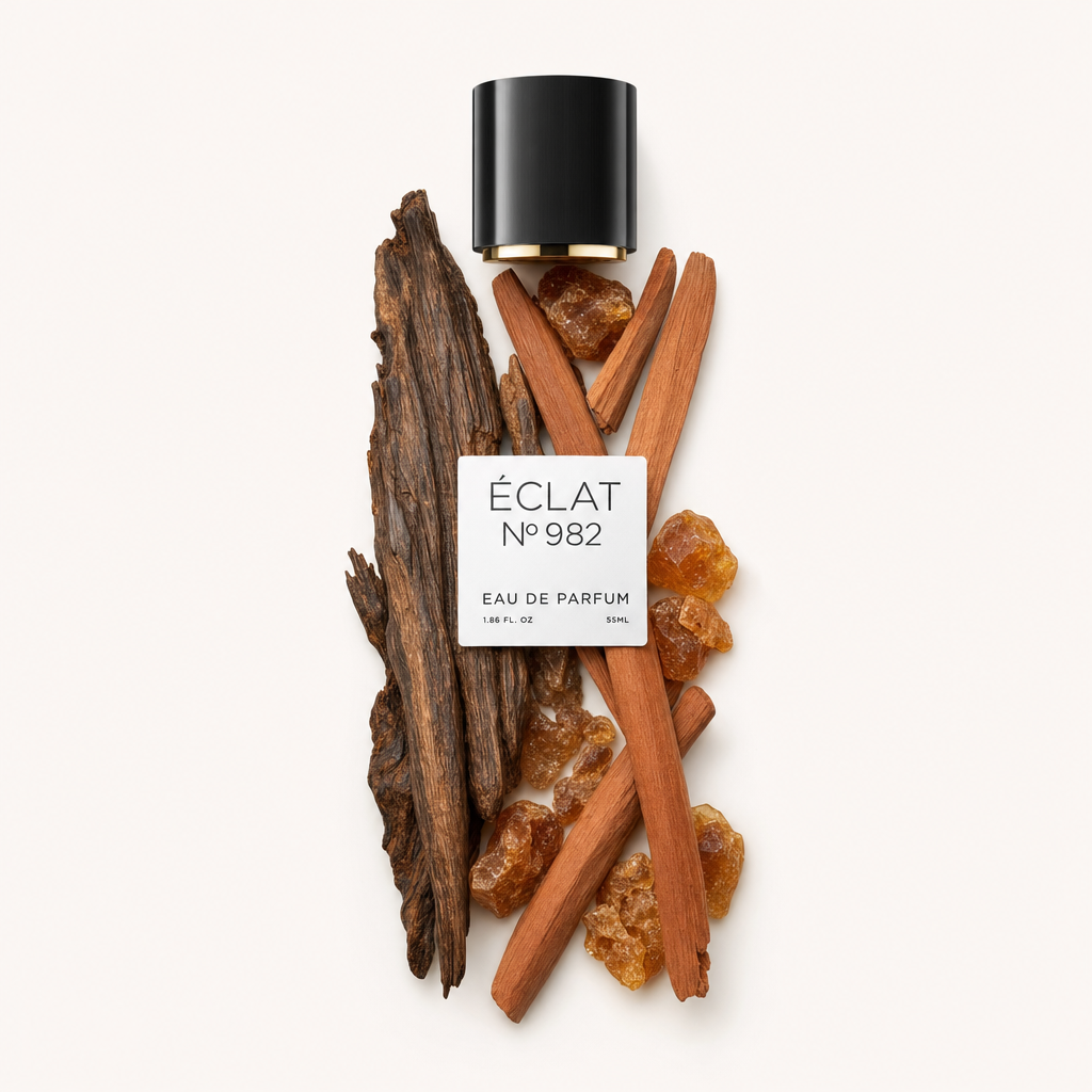Ein Arrangement aus Adlerholz, Amberkristallen und Sandelholzstäben umgibt eine schwarze Kappe mit Etikett, repräsentiert ÉCLAT Ambery Oud.