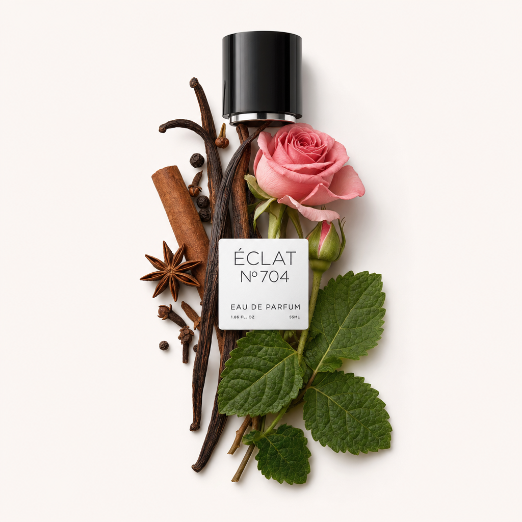 Ein Arrangement aus rosafarbener Rose, Vanilleschoten, Zimtstange und Sternanis um eine schwarze Kappe mit dem ÉCLAT Ambery Patchouli Etikett.