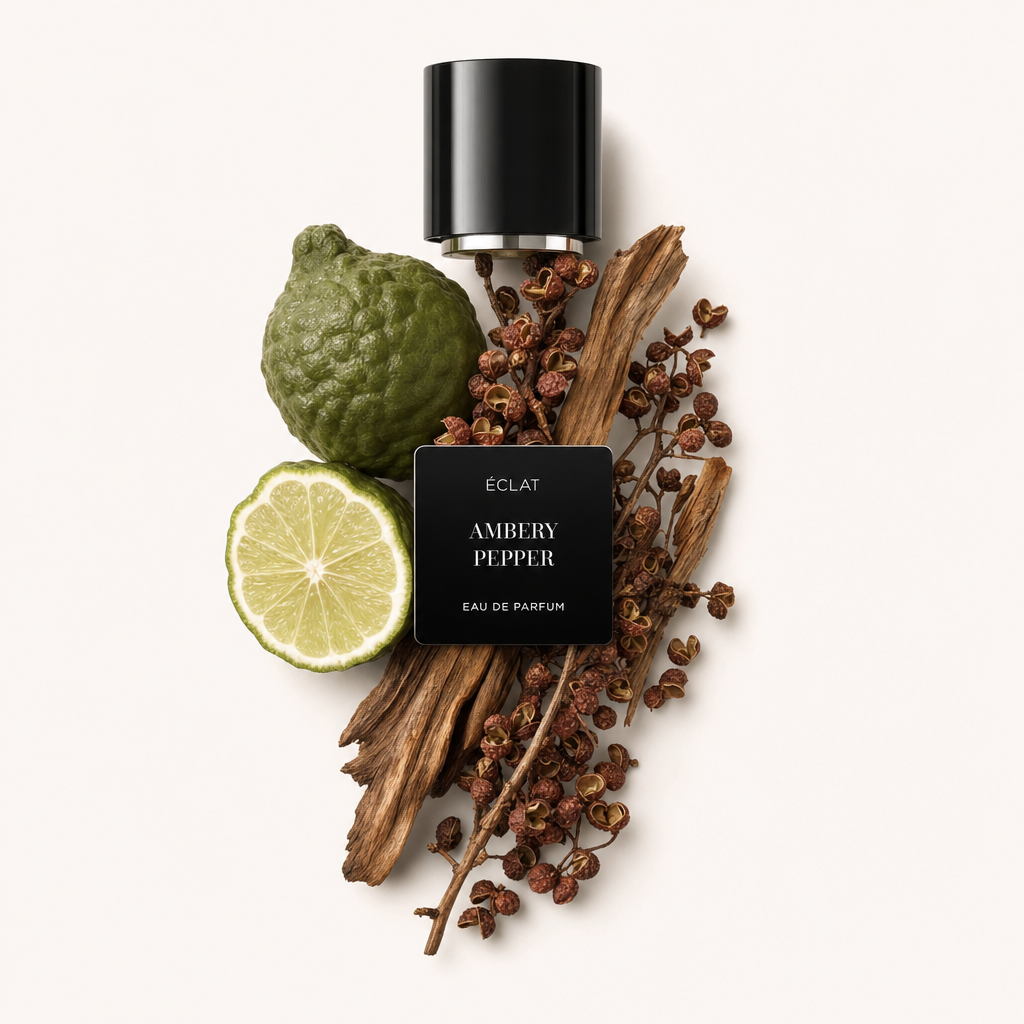Ein Arrangement aus Bergamotte, Limettenscheibe, getrockneten Pfefferbeeren und Holzakzenten um eine schwarze ÉCLAT Ambery Pepper Kappe mit Etikett.