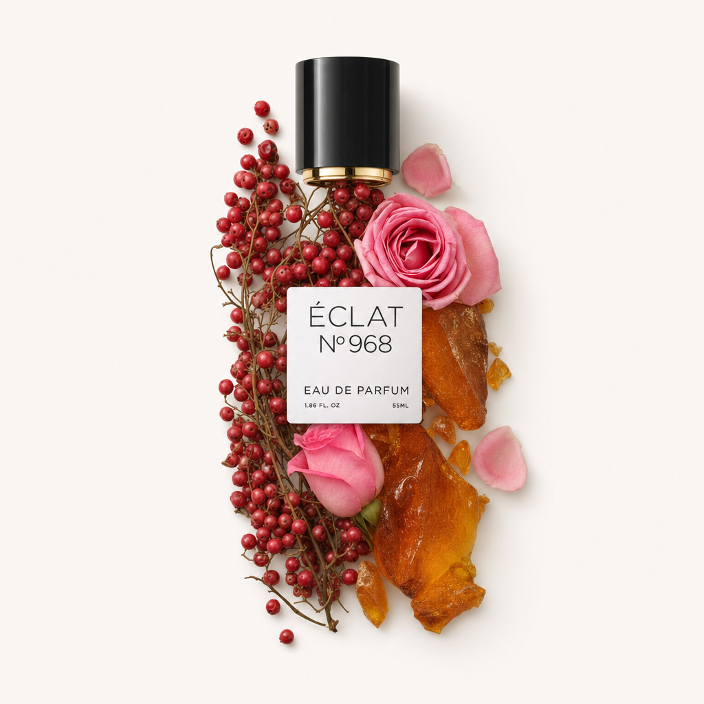 Ein Arrangement aus rosa Rosenblättern, roten Beeren und Bernsteinsteinen umgibt eine schwarze Kappe mit Etikett für ÉCLAT Ambery Rose.