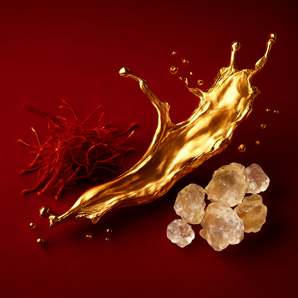 Ein Strudel aus goldener Flüssigkeit mit Safranfäden und kristallartigen Steinen auf tiefrotem Hintergrund, der ÉCLAT VIP Ambery Saffron repräsentiert.