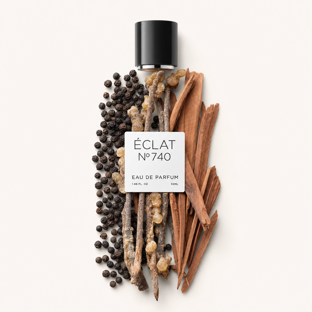 Ein Arrangement aus schwarzen Pfefferkörnern, Sandelholzstäben und Harz um eine schwarze Kappe mit ÉCLAT Ambery Sandalwood Etikett.