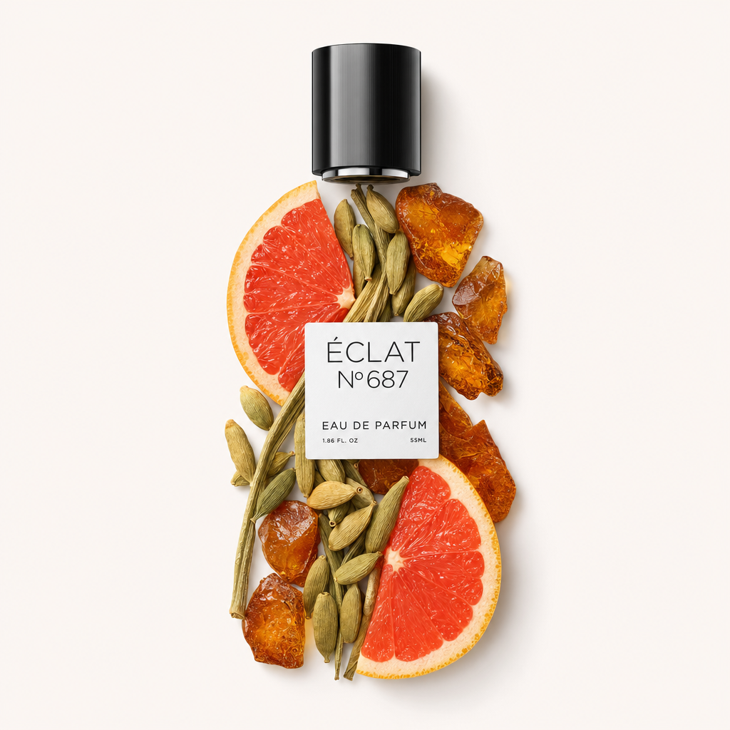 Ein Arrangement aus Grapefruitscheiben, Kardamomkapseln und Bernsteinsteinen umgibt eine schwarze ÉCLAT-Verschlusskappe mit etikettiertem Schild.