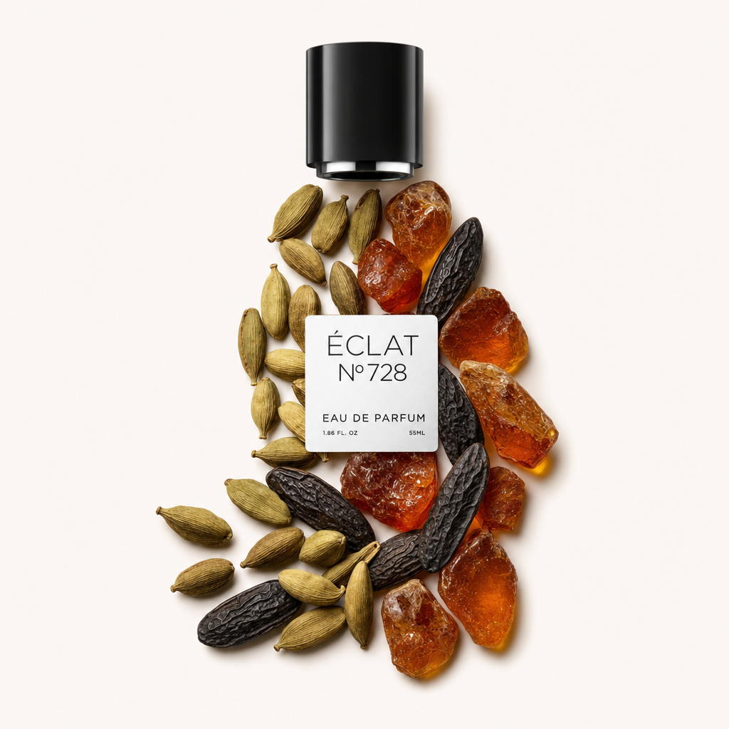 Ein kunstvolles Arrangement aus Amberharz, Tonkabohnen und Kardamom umgibt eine schwarze Kappe mit Etikett für ÉCLAT Ambery Tonka Bean.