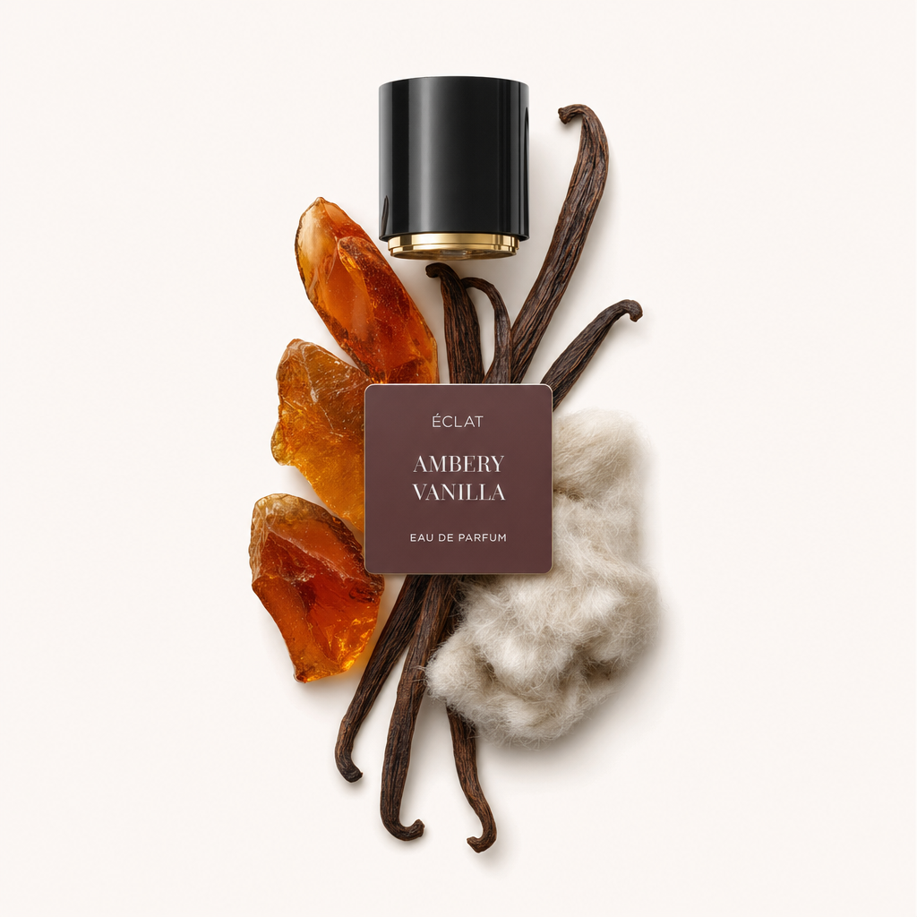 Ein Arrangement aus Bernsteinharz, Vanilleschoten und weichem Kaschmir umgibt eine schwarze Kappe mit einem Etikett für ÉCLAT Ambery Vanilla.
