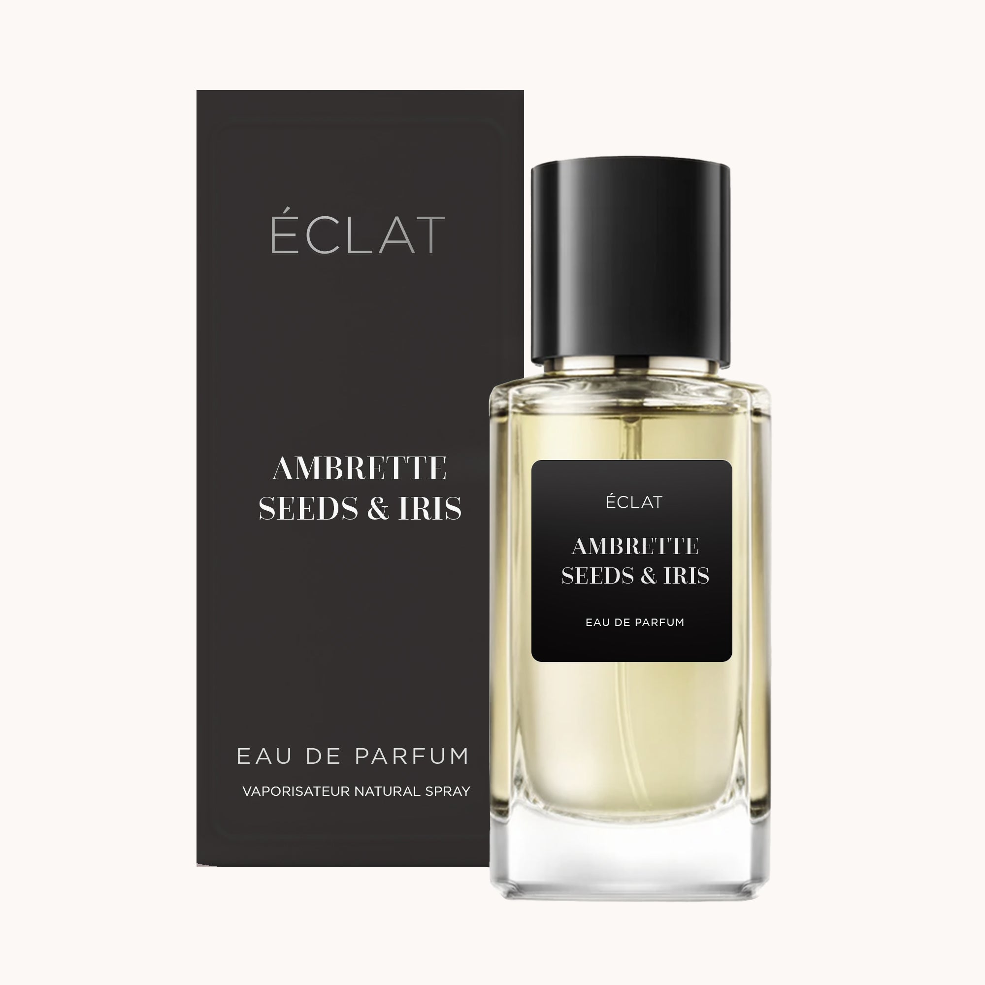ÉCLAT Ambrette Seeds & Iris Parfum in einem facettierten Glasflakon mit schwarzem Verschluss, begleitet von einer passenden eleganten Box.