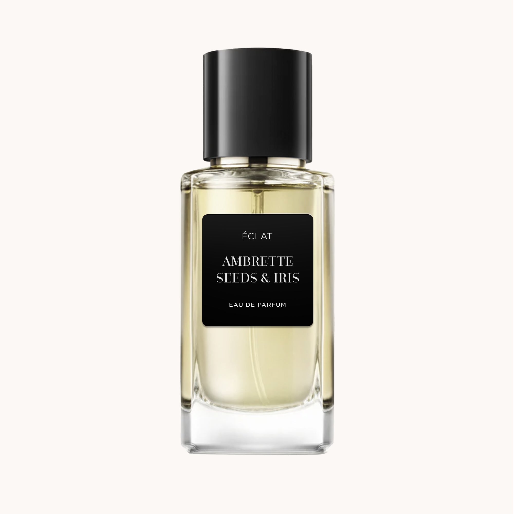 ÉCLAT Ambrette Seeds & Iris Parfum in einem transparenten Glasflakon mit schwarzem Verschluss und mattem schwarzen Etikett.