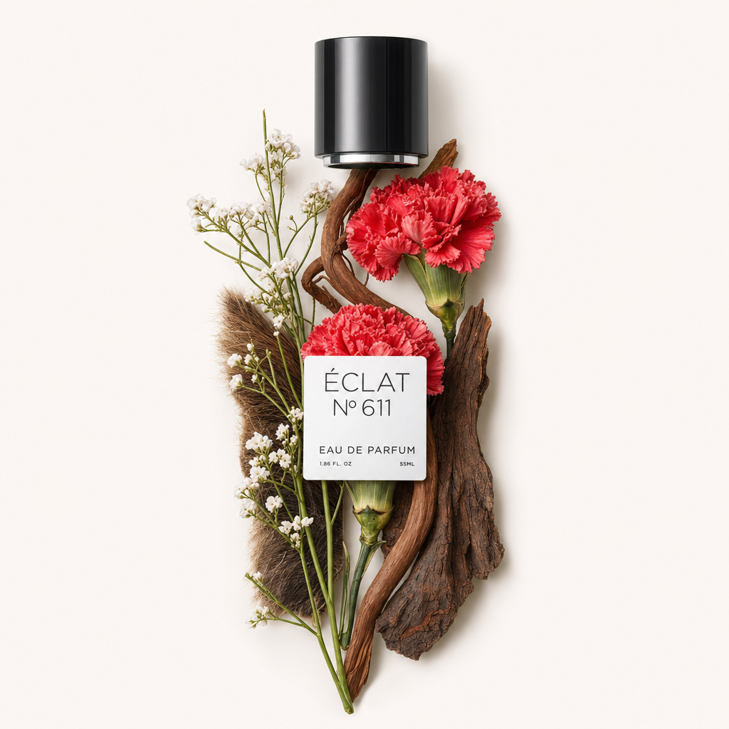 Ein Arrangement aus roten Nelken, zarten weißen Blüten, strukturiertem Holz und weichem Fell umgibt kunstvoll die schwarze Verschlusskappe mit dem ÉCLAT Animalic Carnation Etikett.
