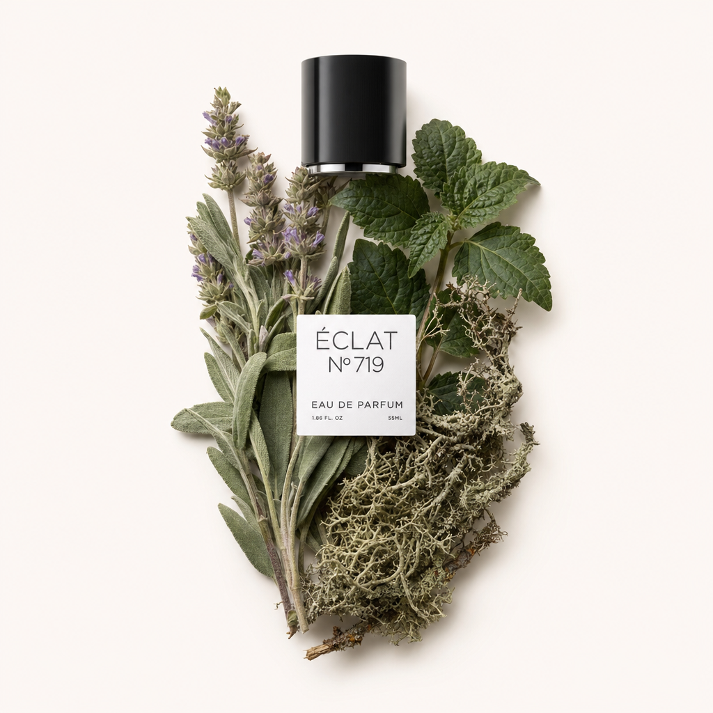 Ein Arrangement aus Salbei, Lavendel, Minze und Eichenmoos mit der schwarzen Kappe und ÉCLAT-Etikett obenauf.