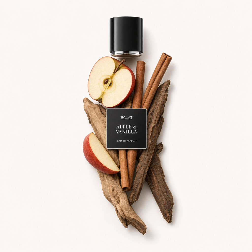 Ein Arrangement aus Zimtstangen, Apfelscheiben und Treibholz mit einer schwarzen Kappe, die ÉCLAT Apple & Vanilla beschriftet ist.