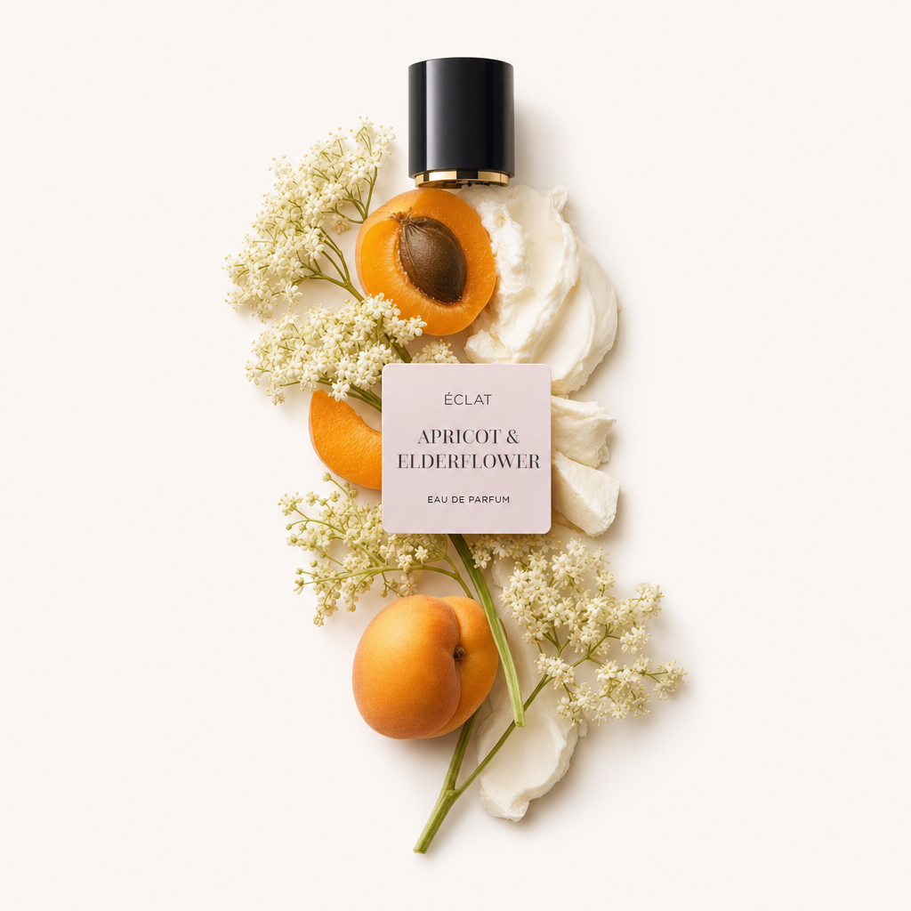 Ein Arrangement aus frischen Aprikosen, Holunderblüten und sanfter Creme, begleitet von einer schwarzen Kappe mit ÉCLAT Apricot & Elderflower Etikett.