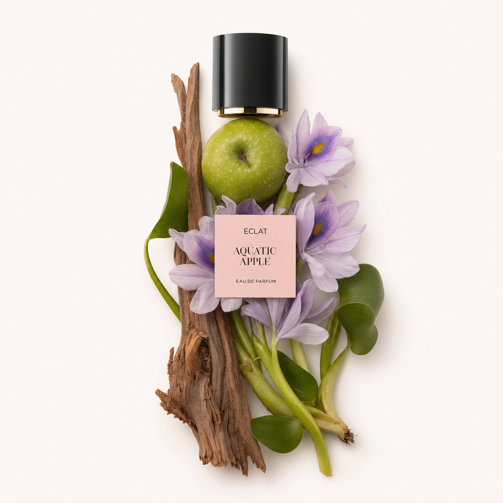 Ein Arrangement von Zutaten für ÉCLAT Aquatic Apple, mit einem grünen Apfel, violetten Blüten und Holz, angeordnet unter einer schwarzen Kappe mit Etikett.
