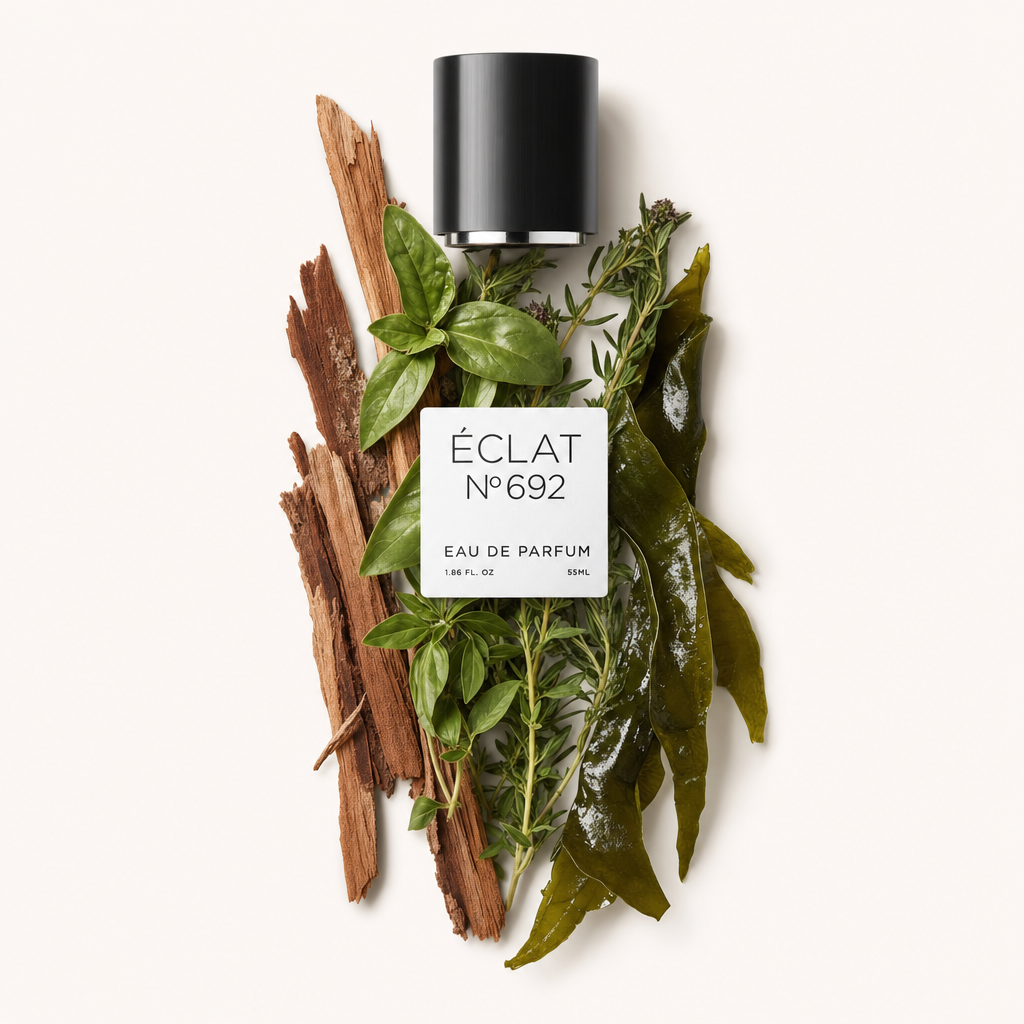 Ein raffiniertes Arrangement aus frischen Basilikumblättern, Seetang und Holzstäben umgibt die schwarze Verschlusskappe mit dem Etikett ÉCLAT Aquatic Bergamot & Basil.