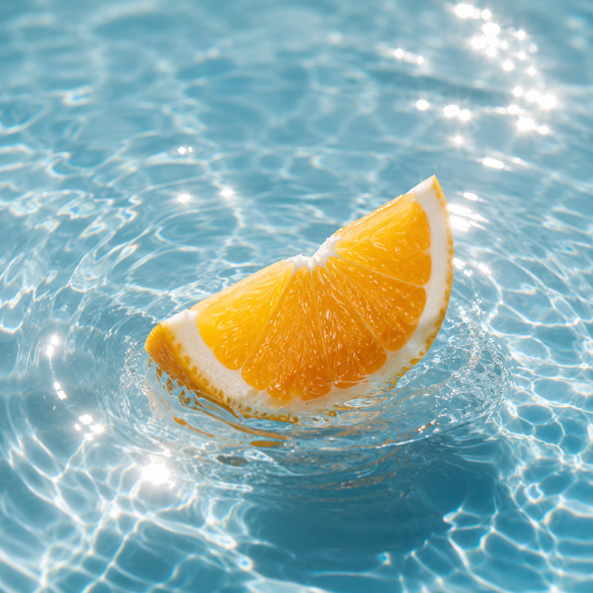 Eine leuchtende Orangenscheibe schwimmt in klarem, sonnenbeschienenem Wasser und verkörpert die Essenz von ÉCLAT Aquatic Citrus Fruits.