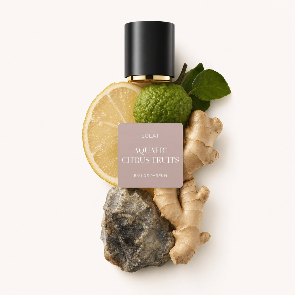 Ein von Hand arrangiertes Stillleben mit einer Zitronenscheibe, Bergamotte, Ingwerwurzel und einem Stein neben einer schwarzen ÉCLAT-Kappe mit goldenem Akzent und Etikett für 'Aquatic Citrus Fruits'.