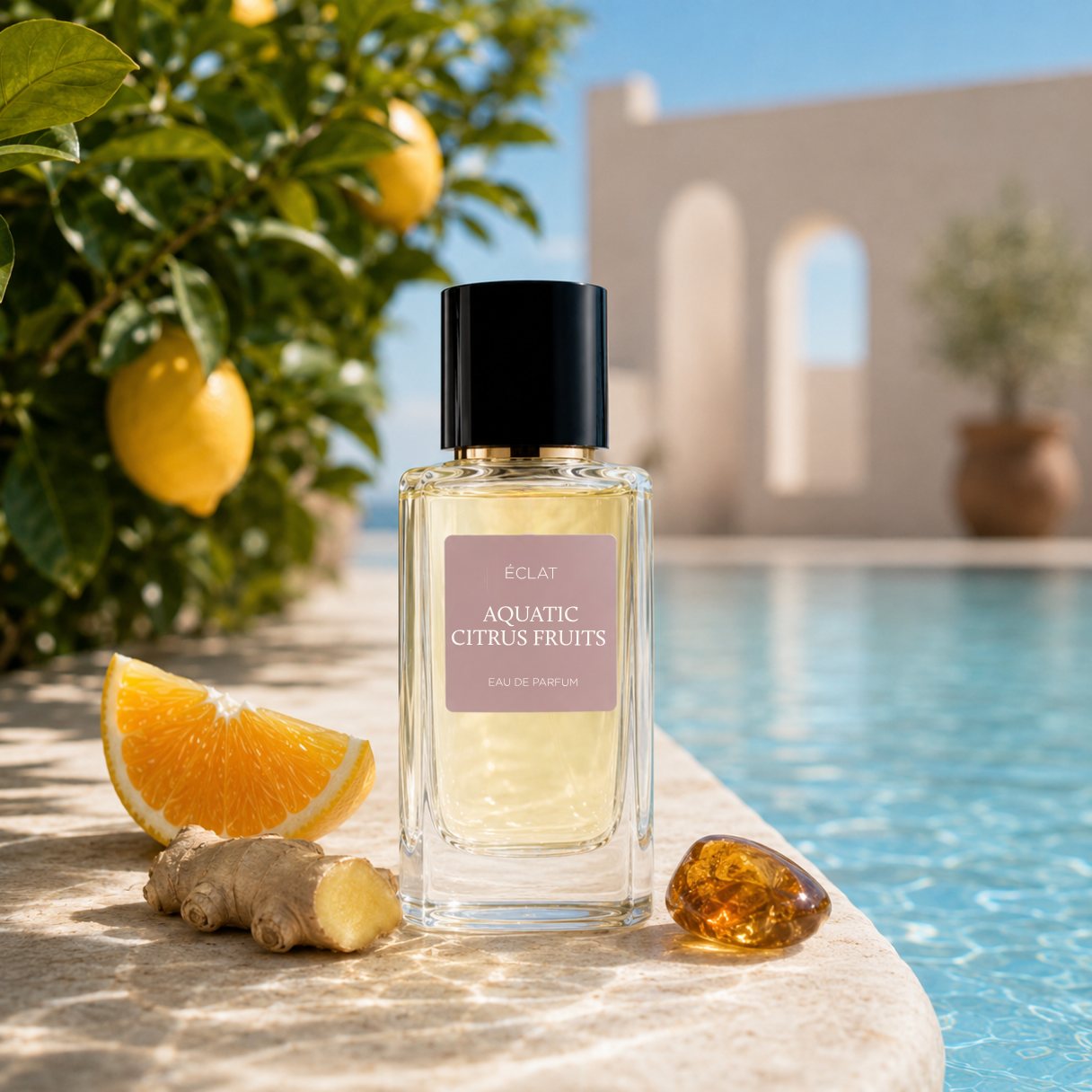 Das ÉCLAT Aquatic Citrus Fruits Parfum in einem facettierten Glasflakon mit schwarzem Verschluss, neben Zitrusfrüchten und Ingwer am Pool platziert.
