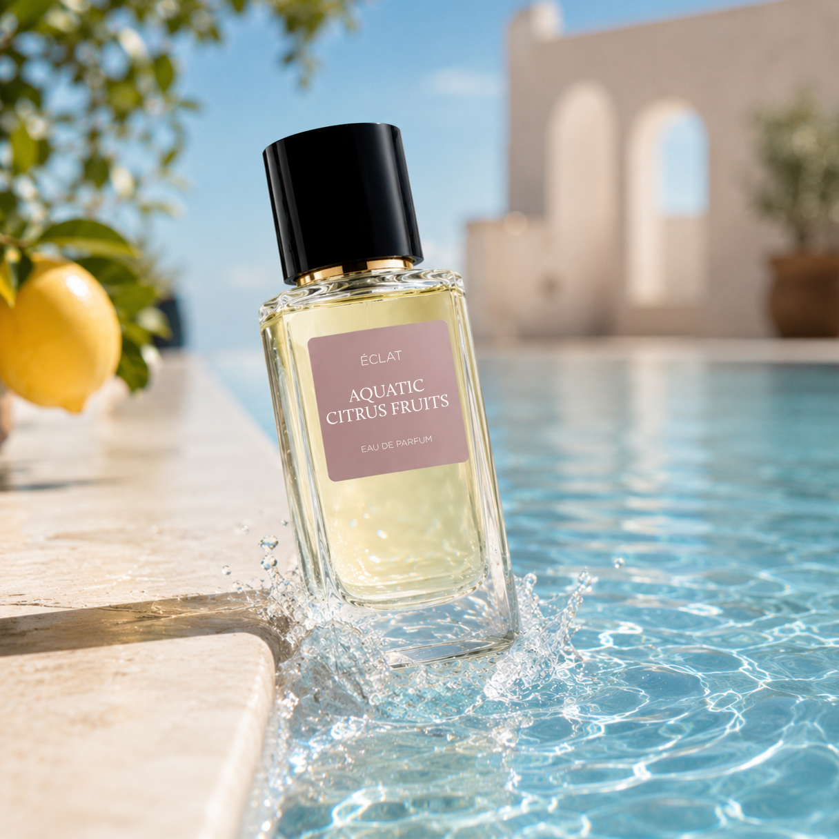 Ein facettierter Glasflakon von ÉCLAT Aquatic Citrus Fruits mit schwarzem Verschluss, spritzt im klaren Poolwasser neben einem Zitronenbaum.