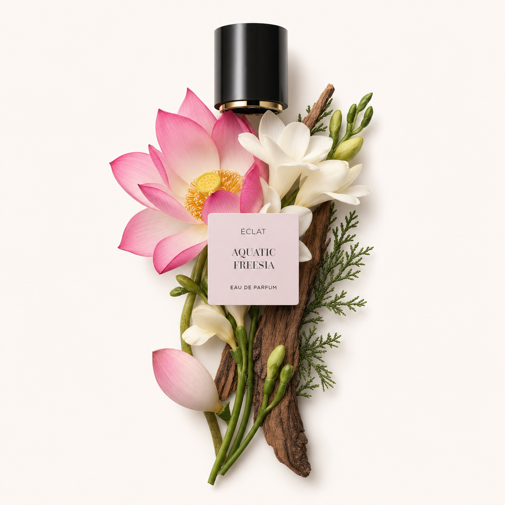 Ein Arrangement aus Lotusblüten, Freesien und Zypressenzweigen umgibt eine schwarze Kappe mit goldfarbenem Akzent, versehen mit dem Etikett von ÉCLAT Aquatic Freesia.