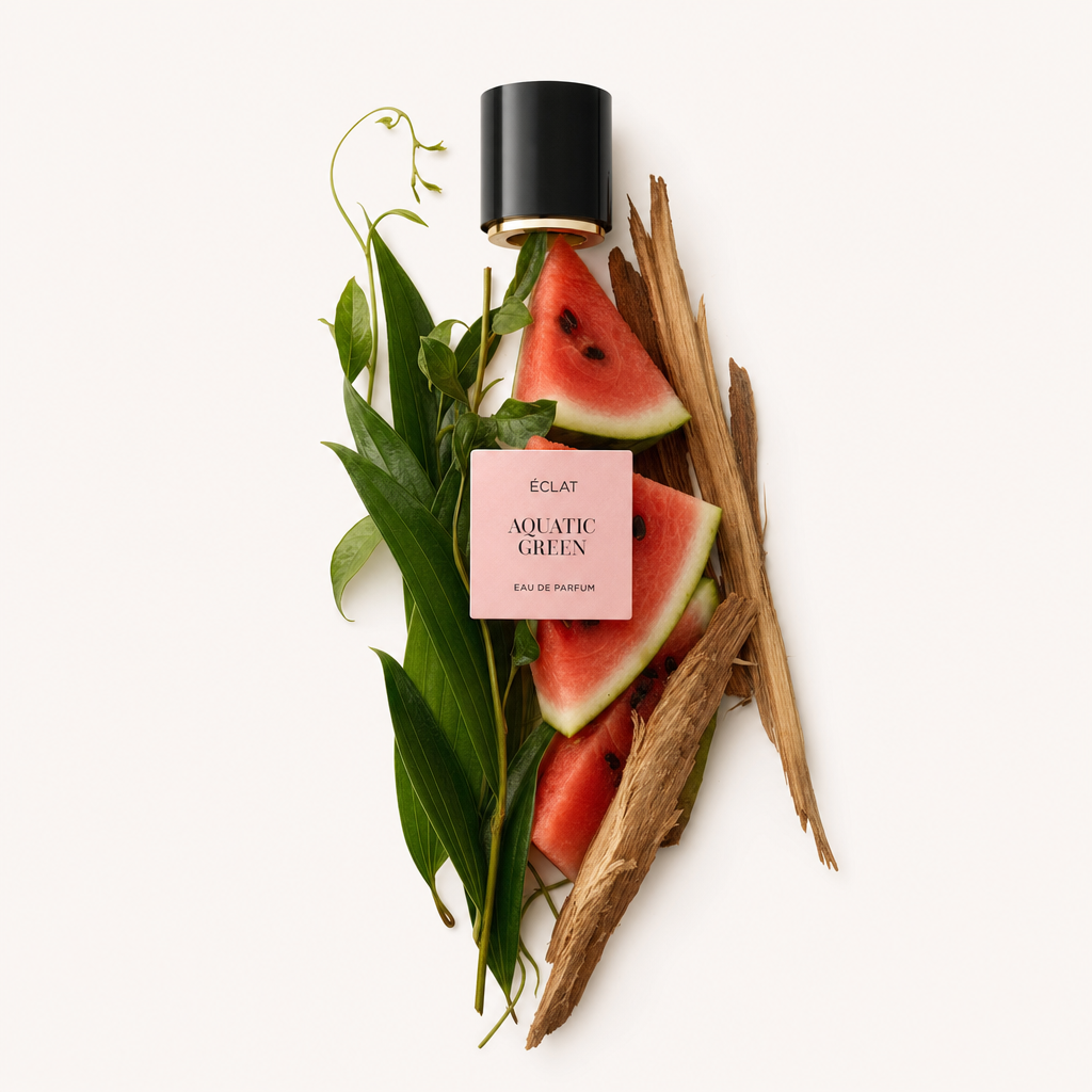 Arrangement aus frischen Wassermelonenstücken, üppigen grünen Blättern und holzigen Stängeln mit ÉCLAT Aquatic Green Etikett; gekrönt von einer schwarzen Kappe.