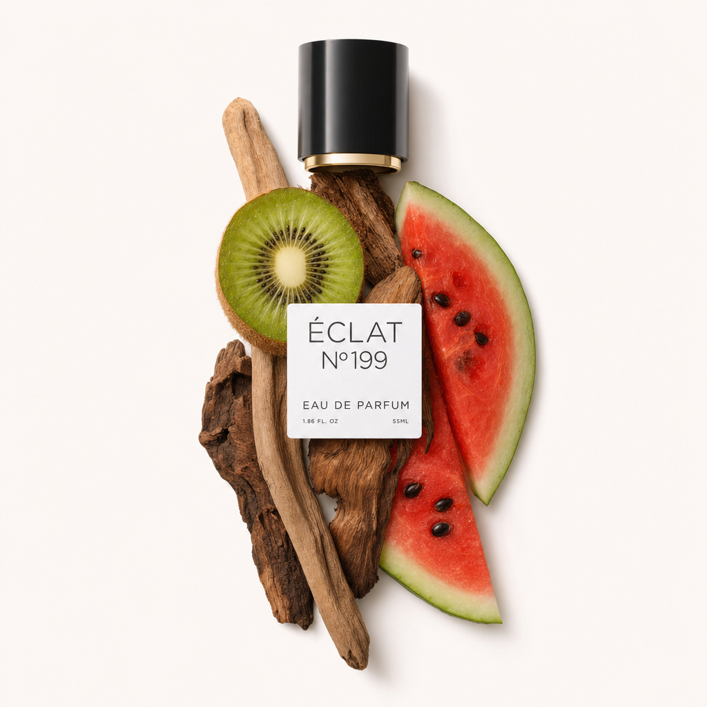 Ein Arrangement aus frischer Kiwi-Scheibe, Wassermelonenstück und Holzstäbchen mit einer schwarzen Kappe und ÉCLAT-Etikett.