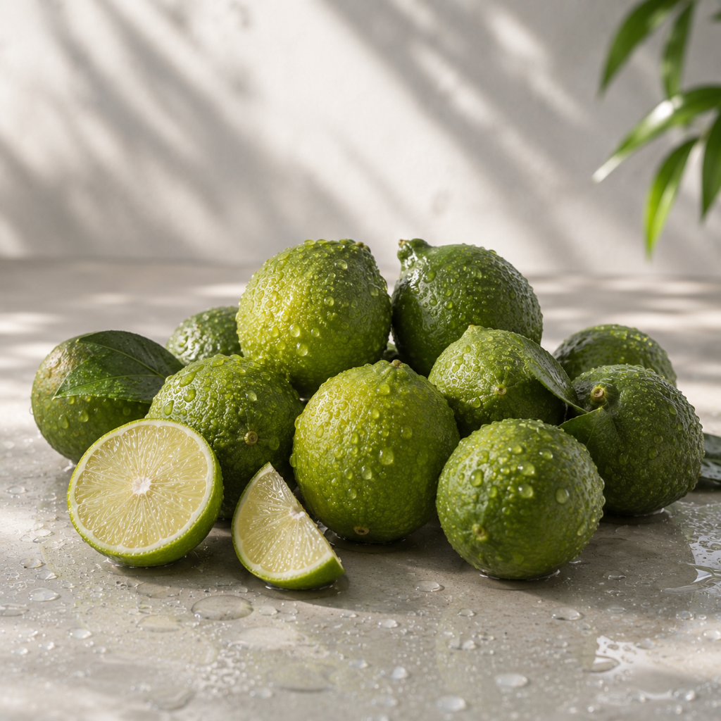 Eine Ansammlung frischer, taufrischer Limetten auf einer Steinoberfläche, wobei eine Limette aufgeschnitten ist.