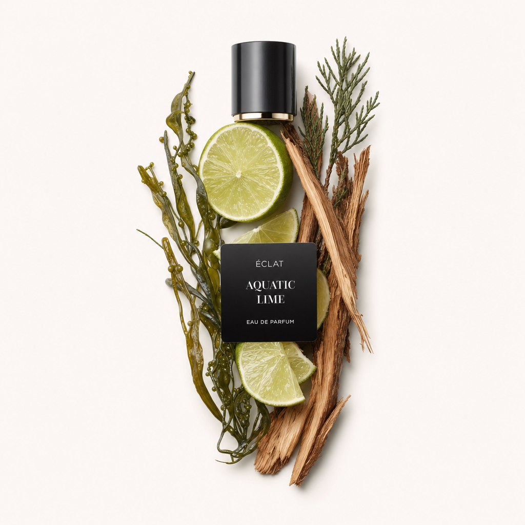Ein Arrangement aus frischen Limettenscheiben, Algen und Treibholz umgibt eine schwarze Verschlusskappe mit goldfarbenem Rand, beschriftet mit 'ÉCLAT Aquatic Lime'.